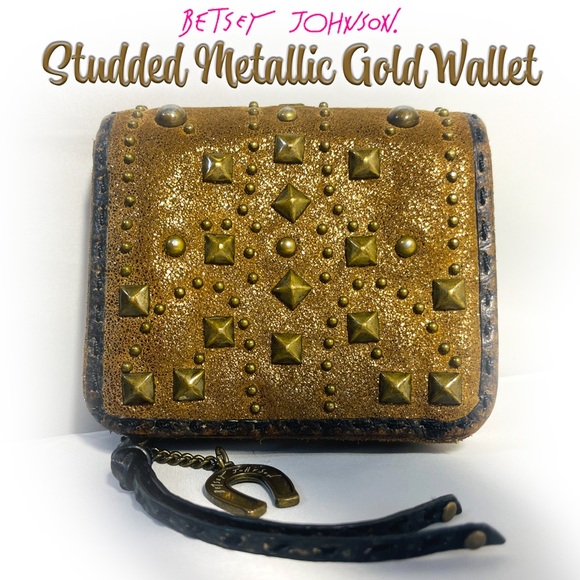 Betsey Johnson Suede Studded Metallic Gold Brown Wallet with Black Trim EUC - Picture 1 of 10